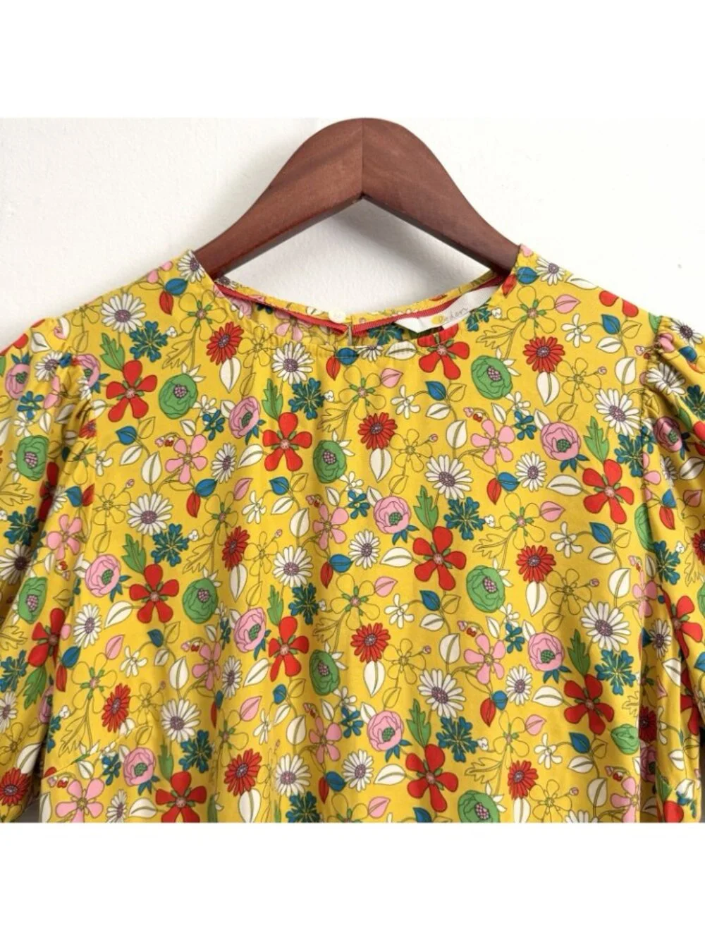 Boden Adriana Puff Sleeve Top Yellow Honeycomb Floral Blouse Women’s US 4